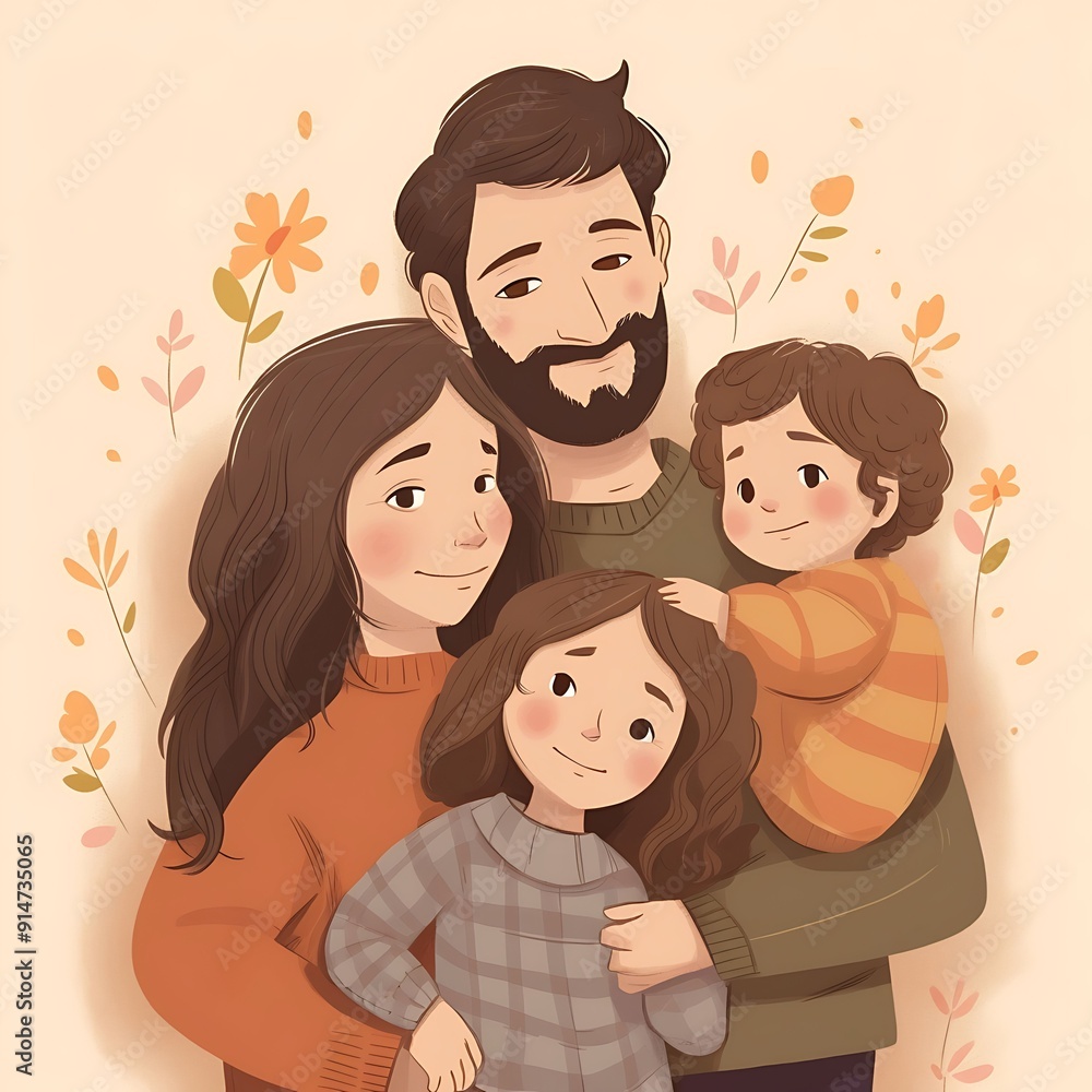 Smiling Family Portrait With Flowers and Leaves Smiling Family Portrait With Flowers and Leaves