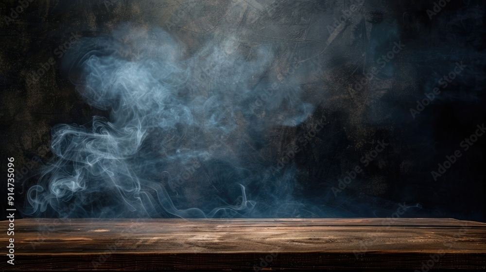 Empty wooden table with smoke floating on nature background Empty wooden table with smoke floating on nature background