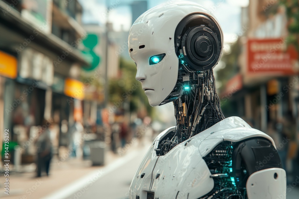 Futuristic humanoid robot with sleek white and blue design showcasing advanced AI technology and human robot interaction in a bustling urban environment Futuristic humanoid robot with sleek white and blue design showcasing advanced AI technology and human robot interaction in a bustling urban environment