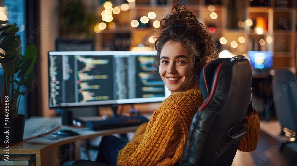 Photograph of a cute and happy female software developer sitting in an armchair in a comfortable workspace. Photograph of a cute and happy female software developer sitting in an armchair in a comfortable workspace.