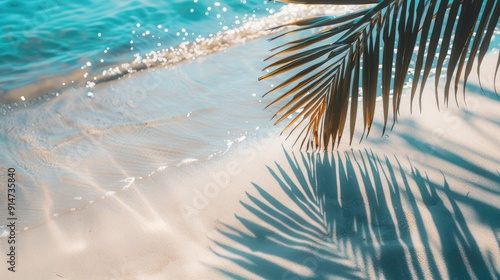 Fototapeta Naklejka Na Ścianę i Meble -  
Shadows of palm leaves on abstract white sandy beach background. Sunlight on the water surface banner