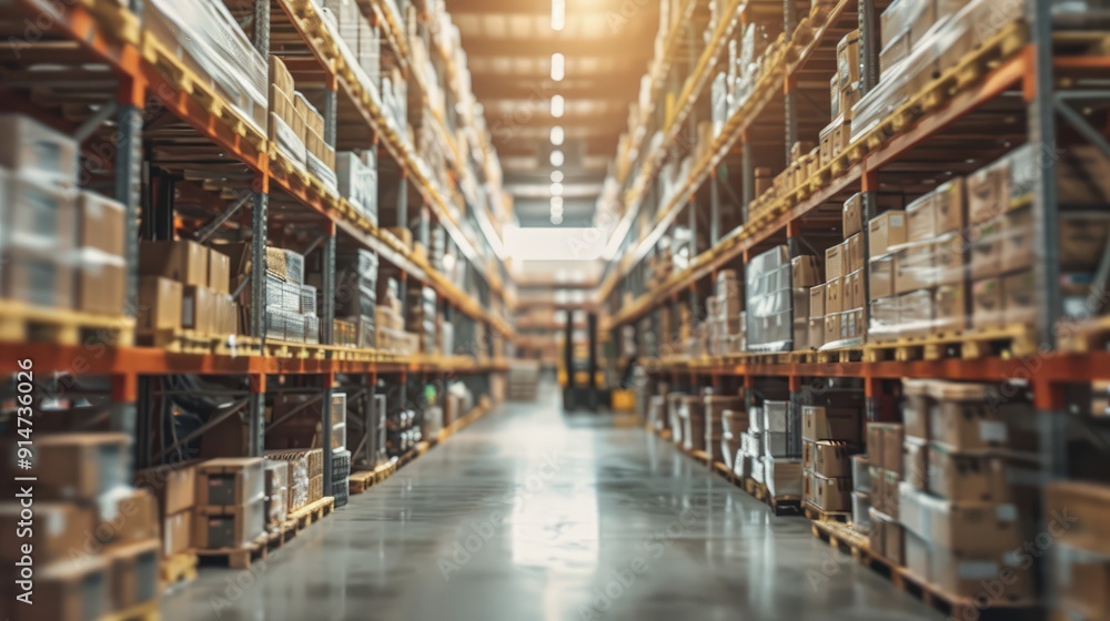 
A retail warehouse full of shelves with merchandise in boxes. Complete with pallet and forklift Logistics and transportation, blurred background
