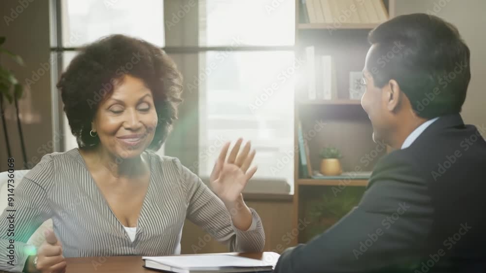 A smiling woman in a striped blouse sits across from a man in a suit during a meeting. A smiling woman in a striped blouse sits across from a man in a suit during a meeting.