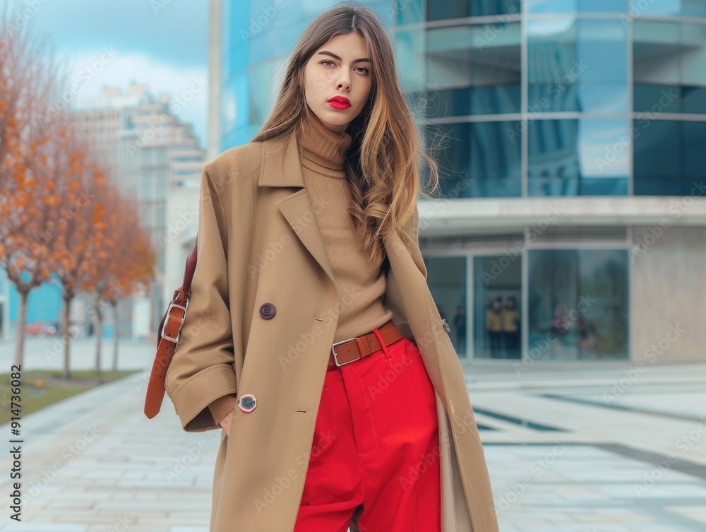 Stylish woman in a beige coat and red pants. Stylish woman in a beige coat and red pants.