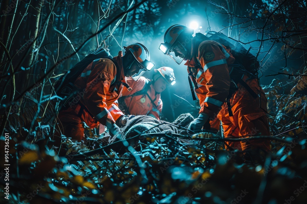 Rescue team working at night in a forest, demonstrating teamwork and dedication in a challenging and high-stakes environment.. Rescue team working at night in a forest, demonstrating teamwork and dedication in a challenging and high-stakes environment..