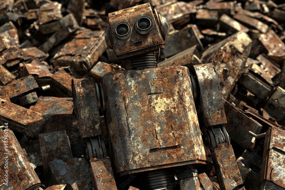 Rusty and weathered humanoid robot buried in scrap metal symbolizing the decay and abandonment of old technology in a gritty and industrial environment Rusty and weathered humanoid robot buried in scrap metal symbolizing the decay and abandonment of old technology in a gritty and industrial environment