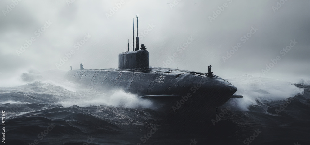 Fototapeta premium Massive Submarine Navigating Rough Seas During a Dramatic Stormy Afternoon