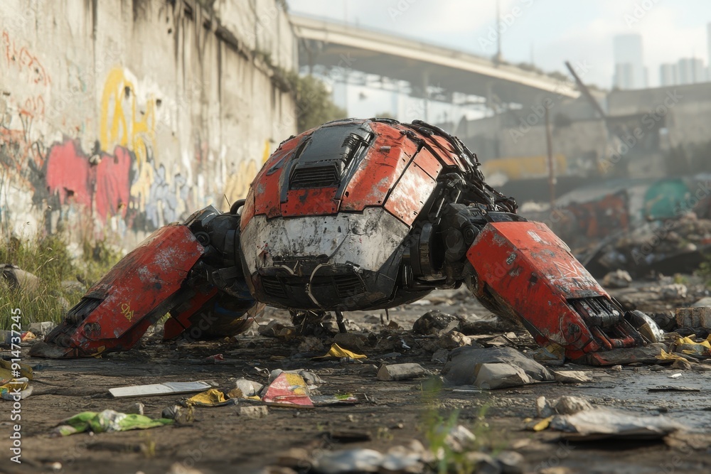 Fototapeta premium Rusty robot in a post apocalyptic junkyard setting symbolizing the decay of technology and the dystopian future of robotics in a desolate environment