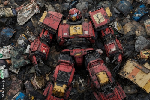 Pile of abandoned robots in a scrapyard symbolizing the abandonment and decline of technology in a gritty industrial environment