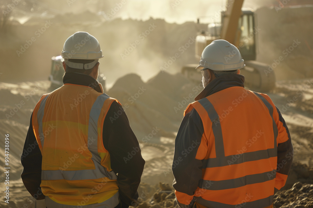 Two Construction Workers in Reflective Safety Vests Overseeing Excavation Work at a Dusty Construction Site Two Construction Workers in Reflective Safety Vests Overseeing Excavation Work at a Dusty Construction Site