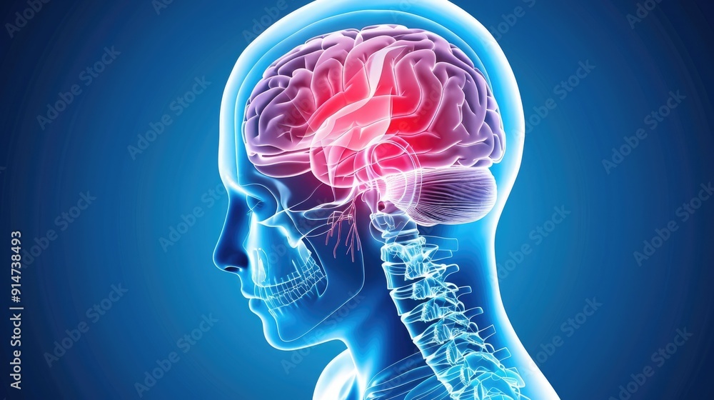 Obraz premium 3D illustration of the human brain anatomy with highlighted areas, showcasing a scientific concept on a blue background.