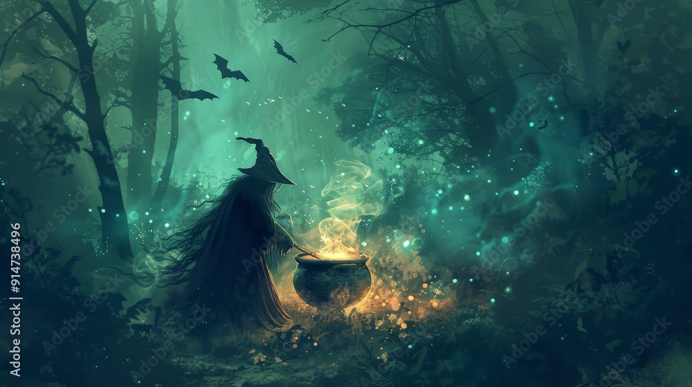 Obraz premium Capture a witch stirring her bubbling cauldron in a dark forest, with bats flying overhead and a ghostly glow emanating from the potion.