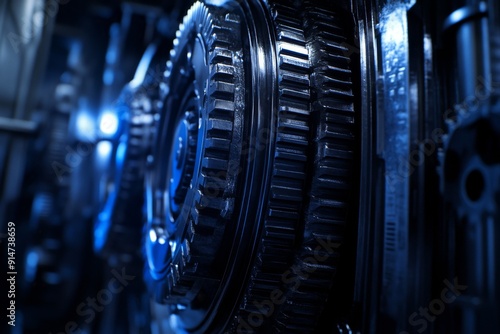 Close up of intricate mechanical gears with blue and silver textures showcasing the precision and complexity of advanced engineering in a futuristic industrial setting