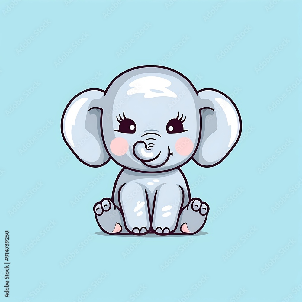 Fototapeta premium Cute Cartoon Baby Elephant Sitting on Blue Background