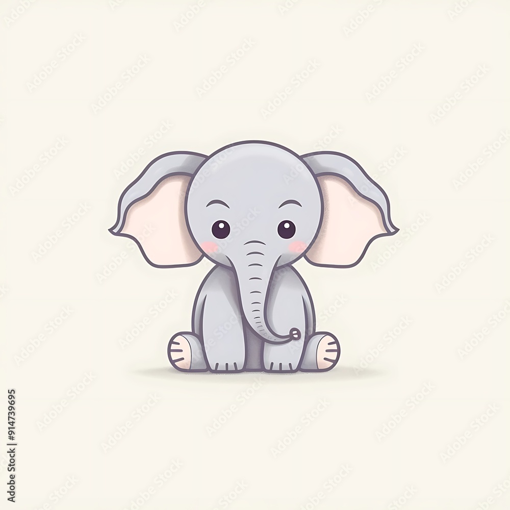 Cute Cartoon Baby Elephant Sitting on a White Background