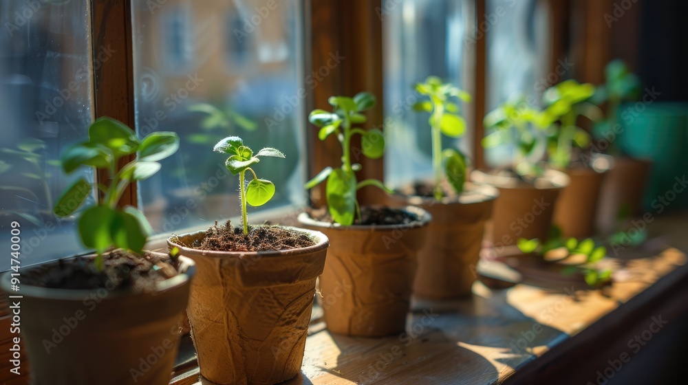 A line of biodegradable pots on a windowsill