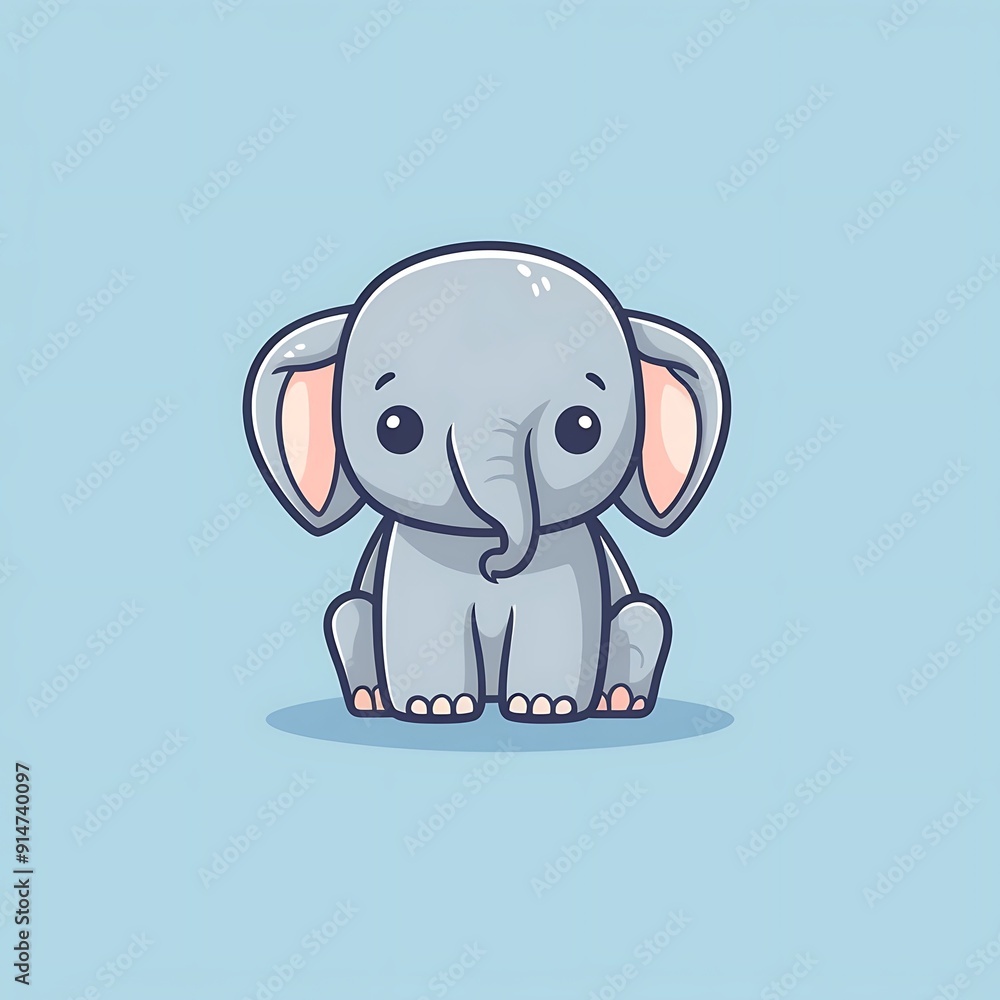 Fototapeta premium Cute Cartoon Baby Elephant Sitting on Blue Background