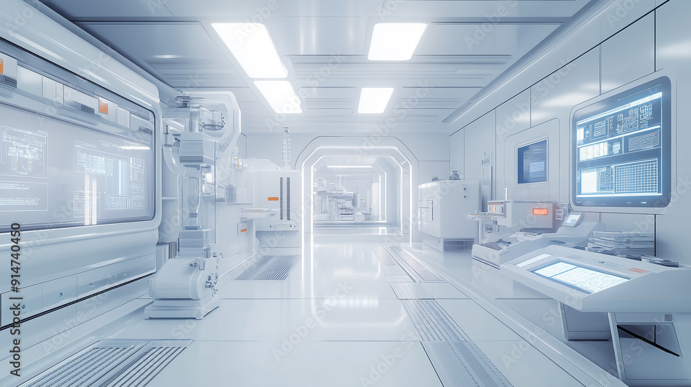 A futuristic space station with a white interior and a large computer screen. The room is empty and features a large white wall with a computer monitor A futuristic space station with a white interior and a large computer screen. The room is empty and features a large white wall with a computer monitor