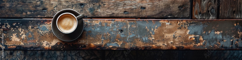 Fototapeta premium Rustic bench with coffee cup captured from a top view perspective