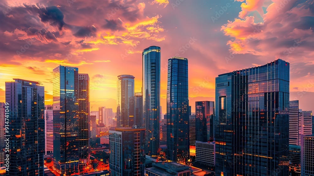 Fototapeta premium Modern city skyline at sunset â€“ Capture the sleek, tall buildings with warm orange and pink hues in the sky.
