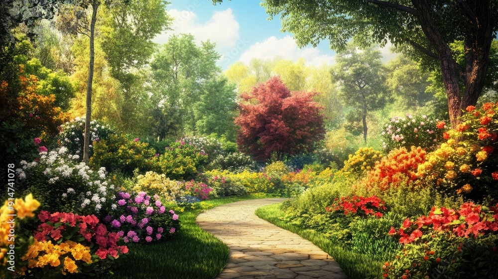 Dreamlike garden filled with colorful flowers, lush trees, and greenery under a radiant sunny sky Dreamlike garden filled with colorful flowers, lush trees, and greenery under a radiant sunny sky