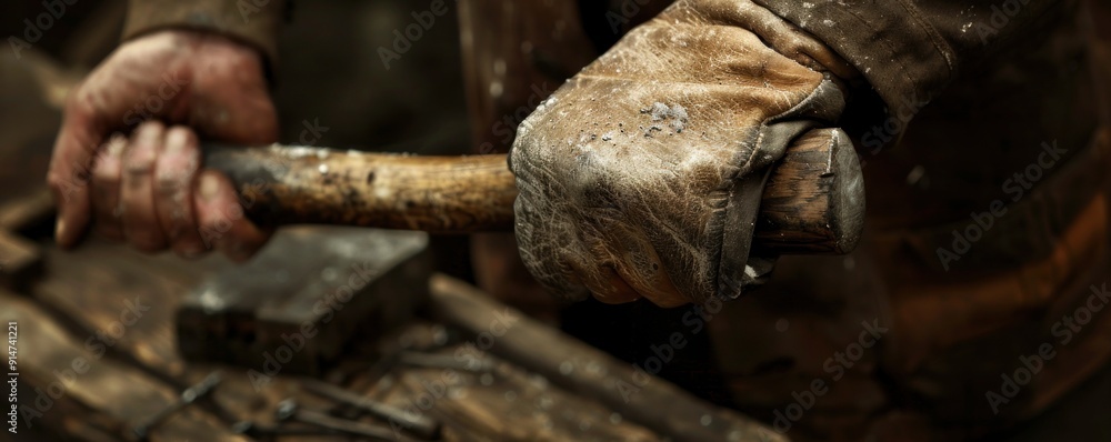 Close-up of a weathered hand holding a wooden hammer. Close-up of a weathered hand holding a wooden hammer.