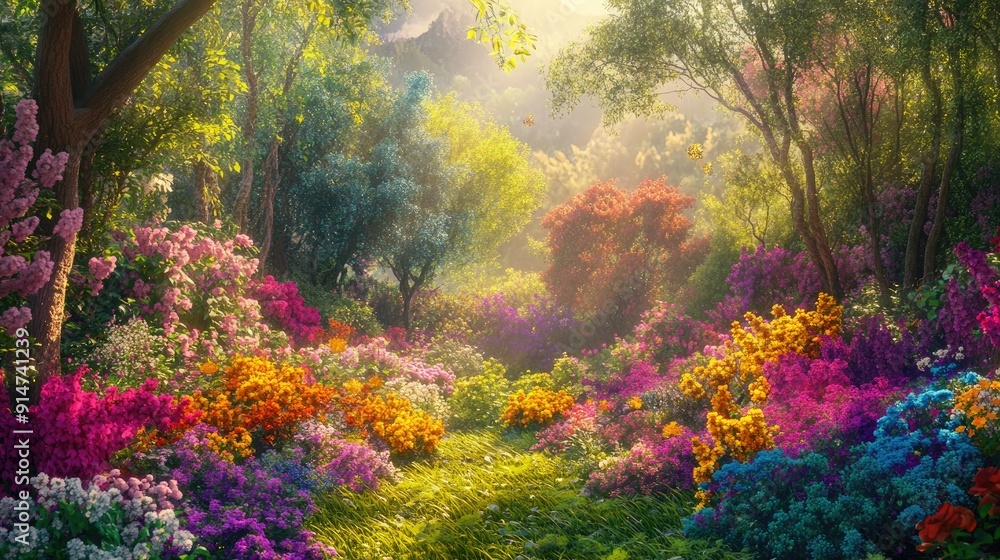 Obraz premium Enchanted garden bursting with colorful flowers, vibrant trees, and lush greenery under a bright sun