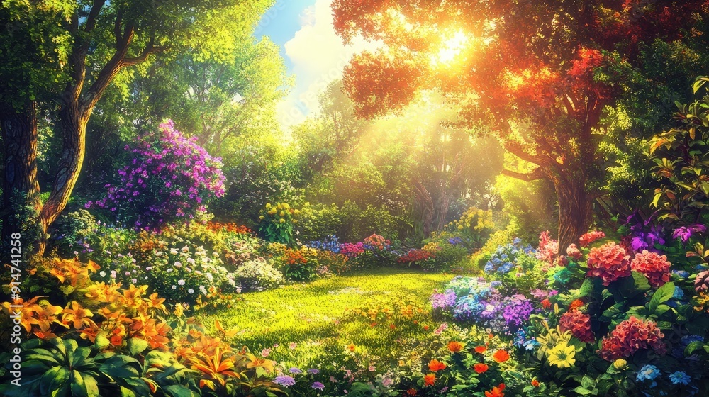 Enchanted garden scene with colorful flowers, lush greenery, and vibrant trees under a bright sun Enchanted garden scene with colorful flowers, lush greenery, and vibrant trees under a bright sun