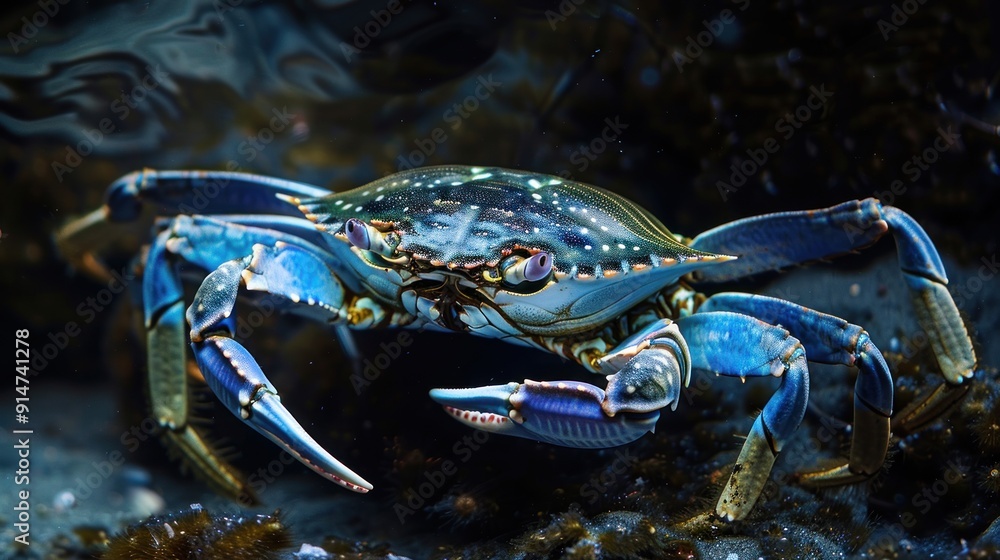 Blue Crab with Prominent Claws in Underwater Habitat Blue Crab with Prominent Claws in Underwater Habitat