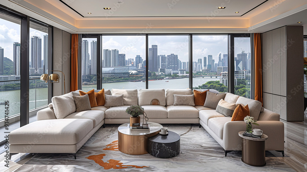 elegant family room with a white sofa and an exotic view city and sea elegant family room with a white sofa and an exotic view city and sea