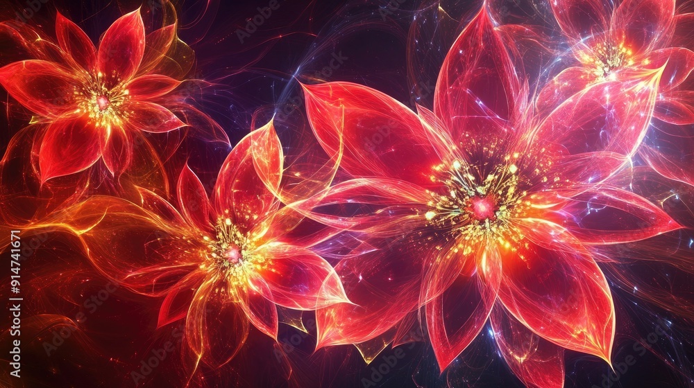 Energetic neon flowers with vibrant burning elements on a dark red backdrop, radiating powerful energy for meditation Energetic neon flowers with vibrant burning elements on a dark red backdrop, radiating powerful energy for meditation