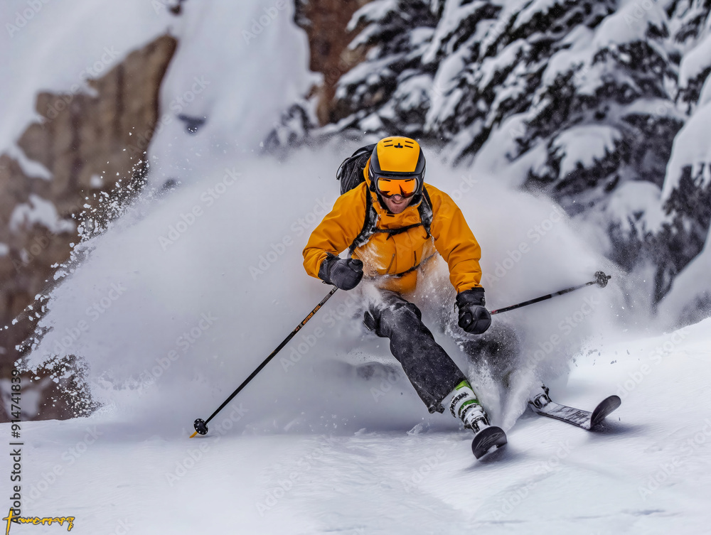 A man in a yellow jacket skiing down a snowy slope. He is wearing a yellow jacket and goggles A man in a yellow jacket skiing down a snowy slope. He is wearing a yellow jacket and goggles