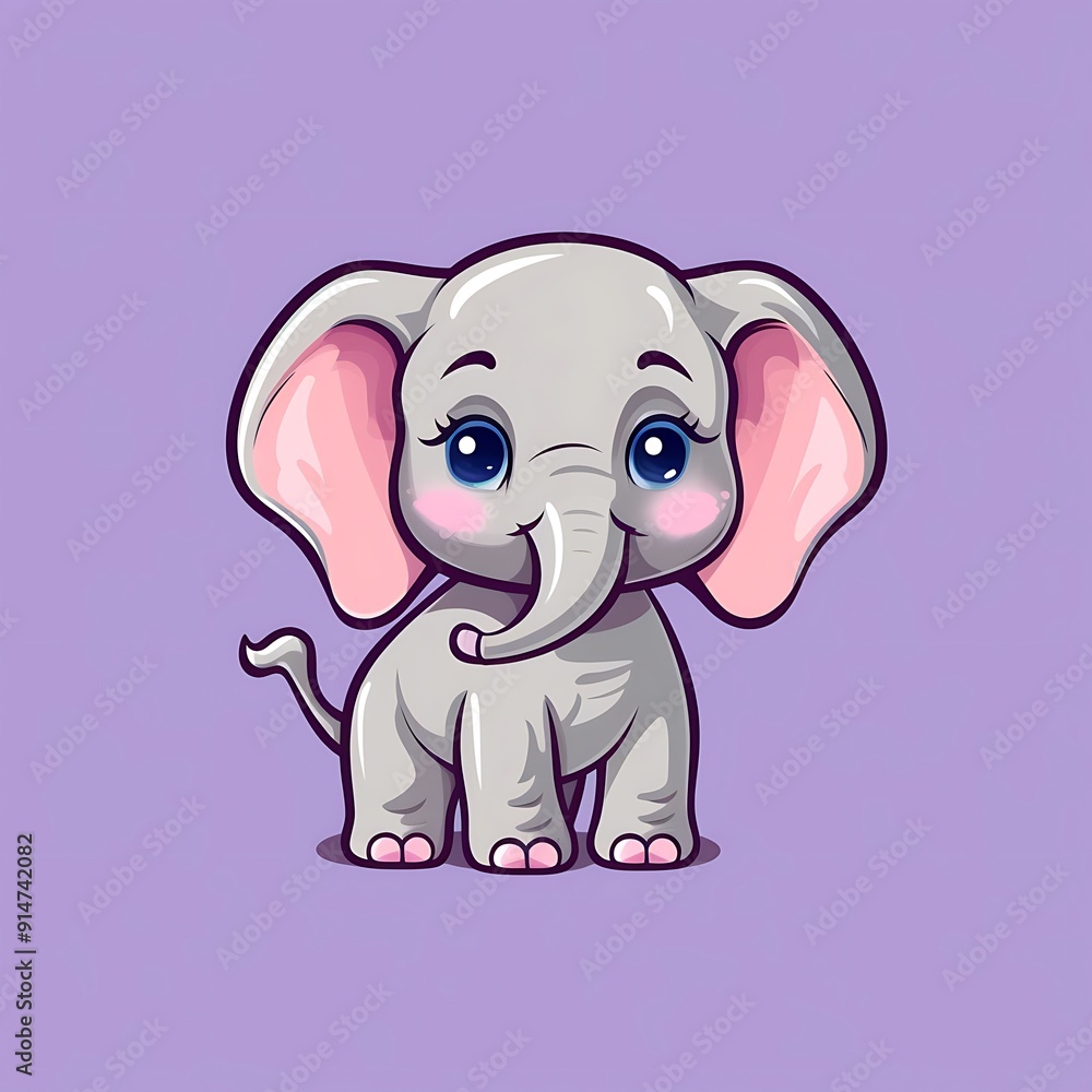 Fototapeta premium Cute Cartoon Baby Elephant With Big Pink Ears