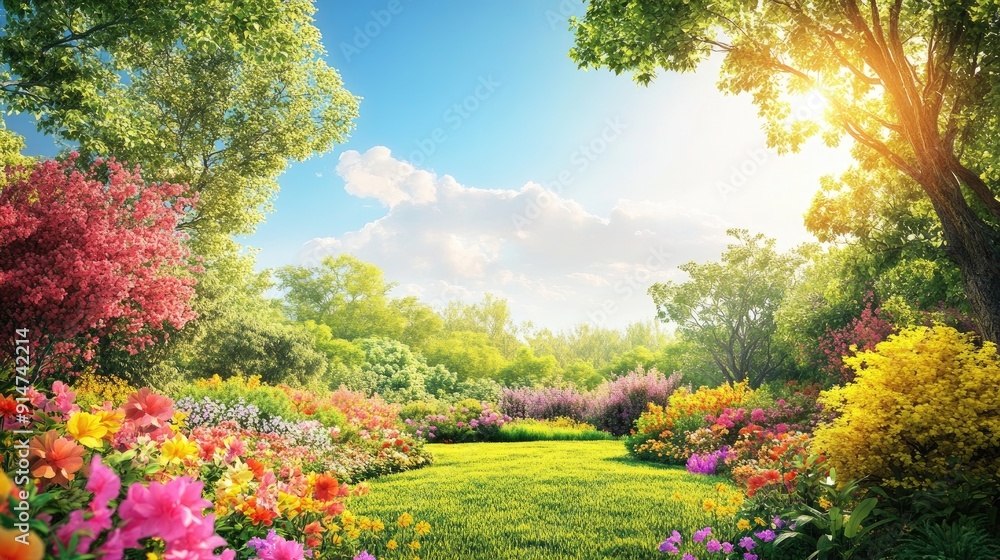 A beautiful garden with colorful flowers, vibrant trees, and greenery under a radiant sunny sky A beautiful garden with colorful flowers, vibrant trees, and greenery under a radiant sunny sky
