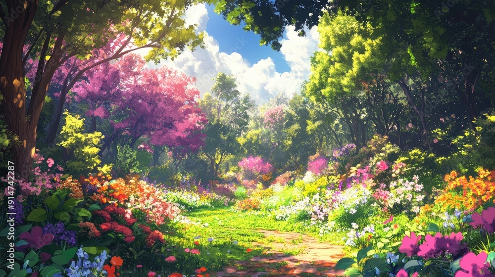 A magical garden scene filled with colorful flowers, greenery, and vibrant trees under a bright sunny sky A magical garden scene filled with colorful flowers, greenery, and vibrant trees under a bright sunny sky