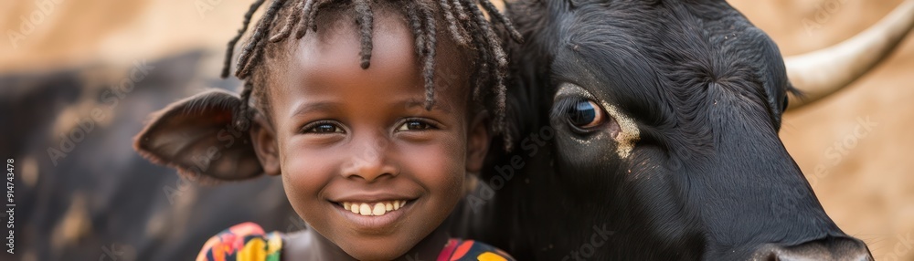 A Young Child Gently Playing with a Cow, Showing a Connection Between Humans and Animals, Rural Life, Africa, Children, Livestock A Young Child Gently Playing with a Cow, Showing a Connection Between Humans and Animals, Rural Life, Africa, Children, Livestock