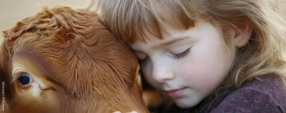 Tender Moments A Young Child Gently Petting and Caring for a Calf, Fostering a Bond of Love and Compassion Adorable Image of Rural Life and the Connection Between Humans and Animals Tender Moments A Young Child Gently Petting and Caring for a Calf, Fostering a Bond of Love and Compassion Adorable Image of Rural Life and the Connection Between Humans and Animals