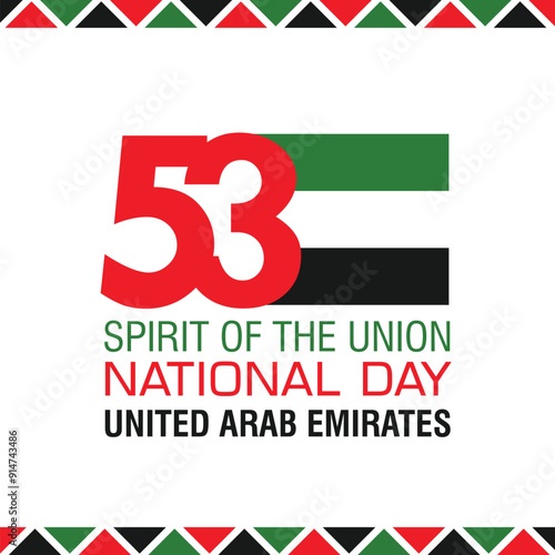 53 National Day of United Arab Emirates. Text Arabic Translation: Our National Day. December 2. UAE map symbol. Vector Logo. Eps 08.
