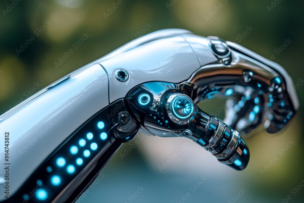 Close up of a futuristic robotic arm with blue and silver elements symbolizing the precision and advanced engineering of AI technology in a high tech setting Close up of a futuristic robotic arm with blue and silver elements symbolizing the precision and advanced engineering of AI technology in a high tech setting