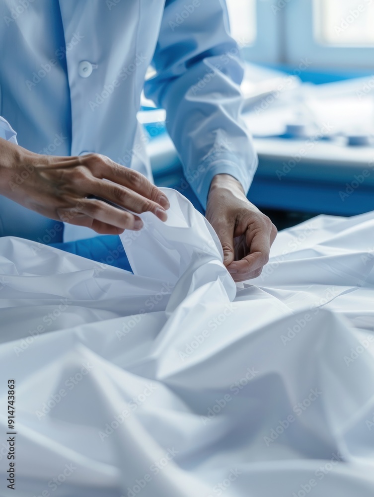 Close-up of a doctor's hands adjusting a white gown. Close-up of a doctor's hands adjusting a white gown.