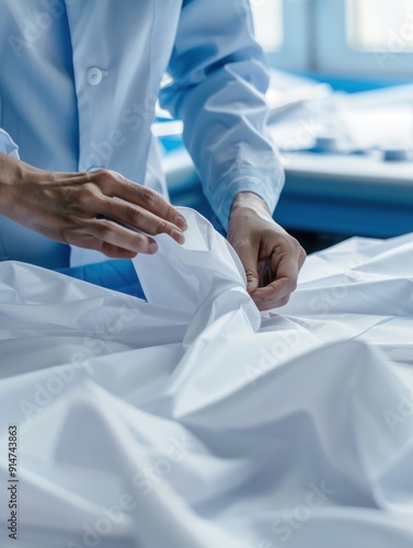 Close-up of a doctor's hands adjusting a white gown.