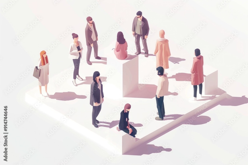 Group of people standing in square with one person in middle for travel and business networking event Group of people standing in square with one person in middle for travel and business networking event