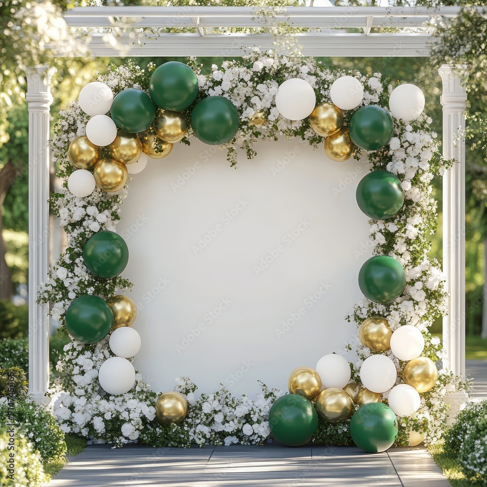 Elegant Outdoor Event Setting with White Circular Backdrop and Balloon Garlands in Green and Gold, Surrounded by Lush Park Landscape Elegant Outdoor Event Setting with White Circular Backdrop and Balloon Garlands in Green and Gold, Surrounded by Lush Park Landscape