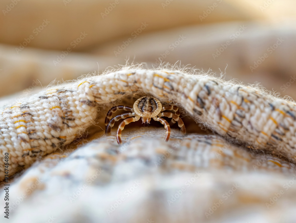 A crab is hiding under a blanket. The blanket is white and has a pattern. The crab is small and brown A crab is hiding under a blanket. The blanket is white and has a pattern. The crab is small and brown