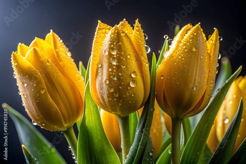 Wet yellow tulips background.