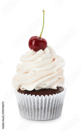 Delicious cupcake with cream and cherry isolated on white