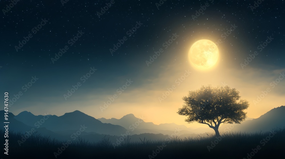 Full Moon Illuminating Silhouetted Tree and Mountains Full Moon Illuminating Silhouetted Tree and Mountains