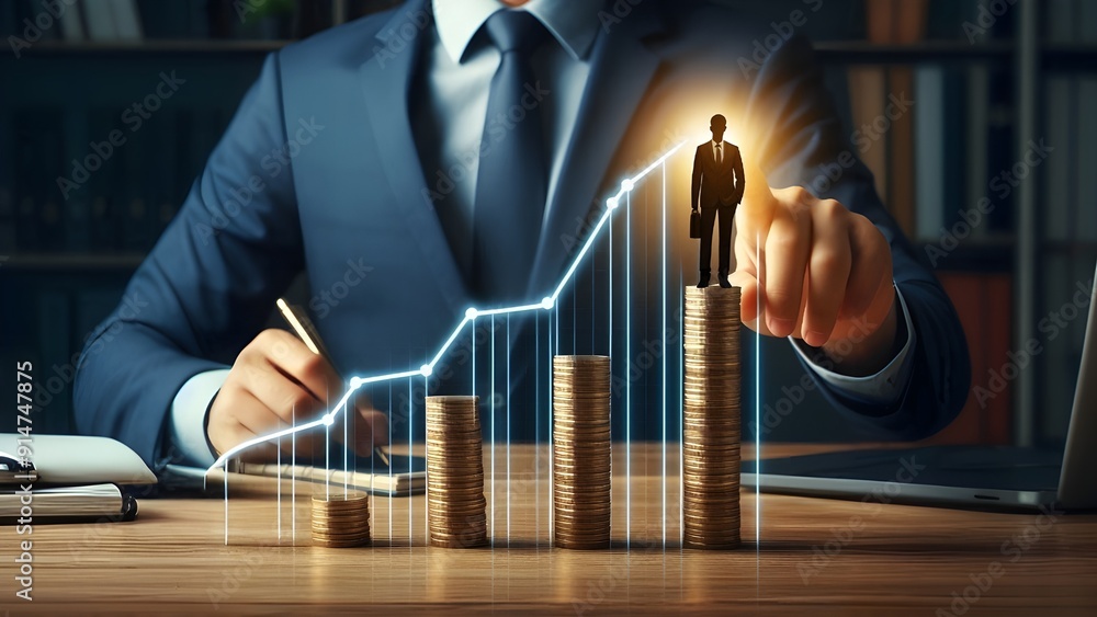 © Avra - Coin stack with digital graphic indicator symbolizing business investment and economic growth. Businessman doing financial planning to achieve financial goal and contribute to profit.