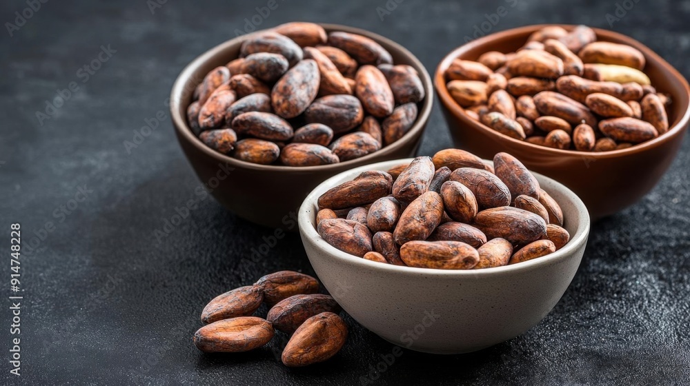 Diverse cocoa bean varieties displayed in bowls, contrasting colors and sizes, educational concept, cocoa beans, global diversity Diverse cocoa bean varieties displayed in bowls, contrasting colors and sizes, educational concept, cocoa beans, global diversity