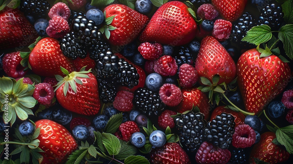 A Close-Up Arrangement of Fresh Strawberries, Blackberries, Raspberries, and Blueberries A Close-Up Arrangement of Fresh Strawberries, Blackberries, Raspberries, and Blueberries